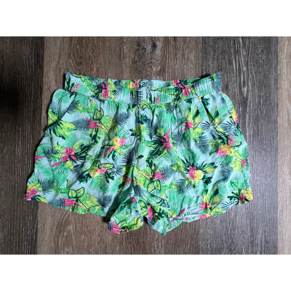YFK Tropical Print Shorts Women 158/164 Mint Green Floral Elastic Waist Pocket
